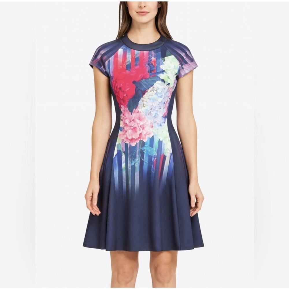 Ted Baker Floral Stripe Dress TB 4 US 10 Fit Flare Skater Scuba Sew in Love EUC